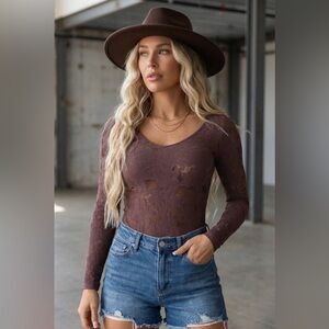 NWT Nikibiki French Roast Lace Textured Long Sleeve Seamless Bodysuit